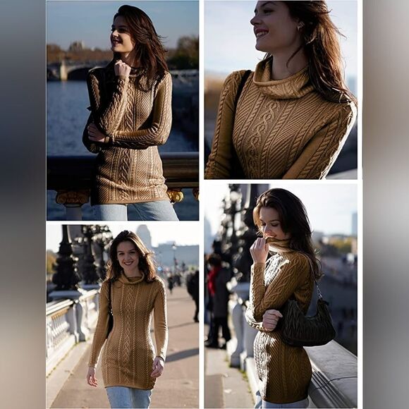 NWT CEASIKERY Cowl Neck Long Slim Fitted Cable Knit Sweater - Picture 4 of 6